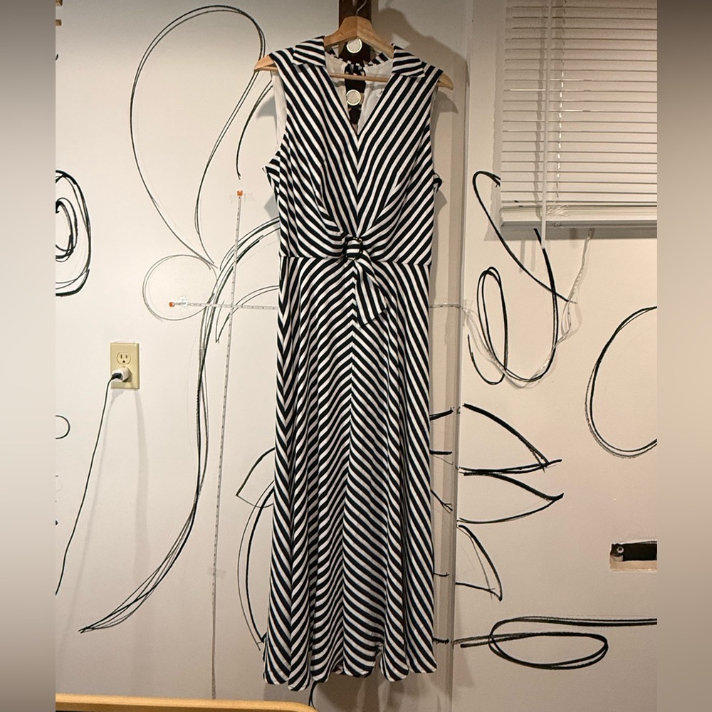 Joseph Ribkoff Dark Navy and White Striped Twist-Front Maxi Dress, v Neck, US 14